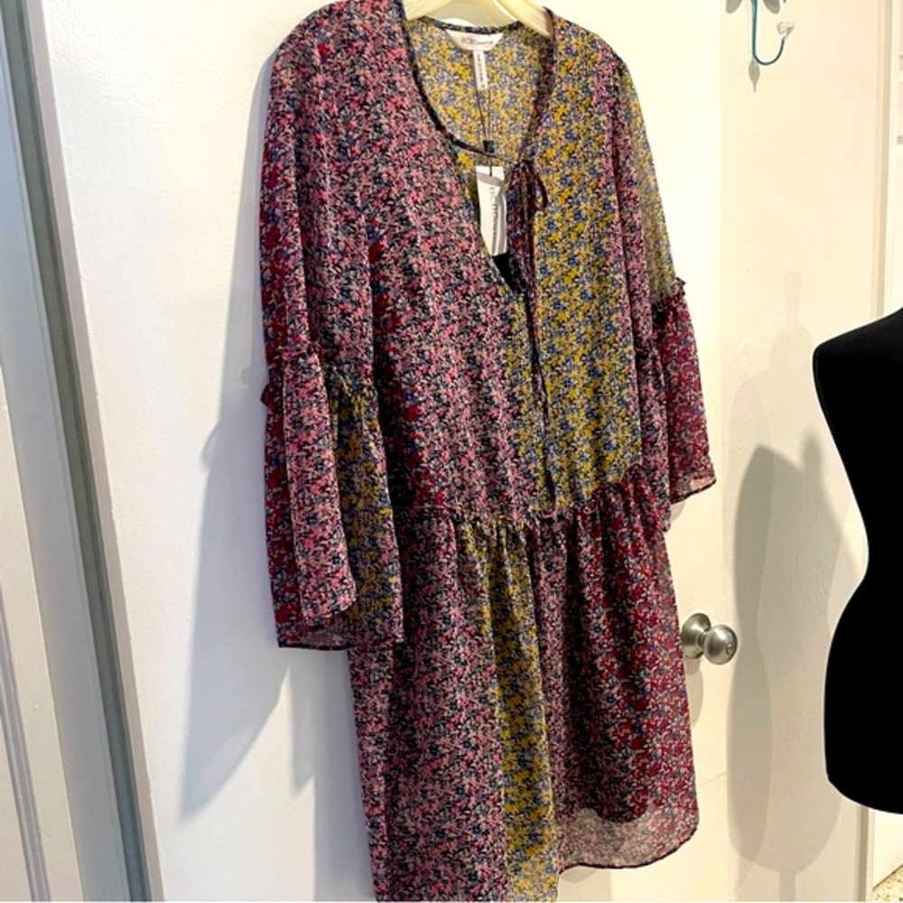 BCBGeneration BCBG Bohemian Long Sleeve Sheer Print Dress with slip! NEW!